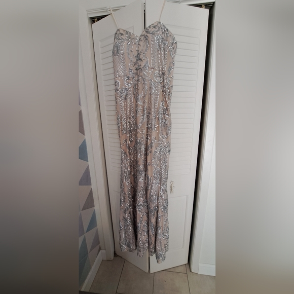 NWT - Bariano - Long Sequined Sweetheart Beige & Silver Dress - Boning in bodice - Picture 8 of 8